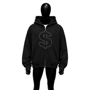 Sudadera con capucha negra extragrande personalizada con cremallera y bordado de signo de dólar, estilo urbano, de forro polar grueso, para hombre, en oferta. - Product Image 1