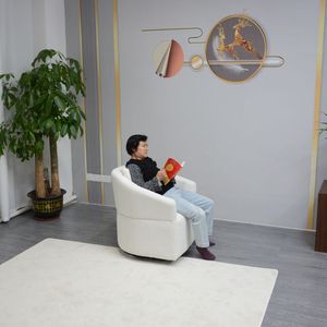 Fauteuil pivotant moderne à 360 degrés, dossier haut, en velours beige, avec accoudoirs ronds pour salon - Product Image 5