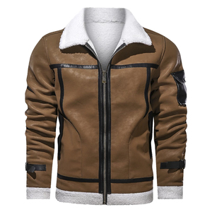 Men's Brown Genuine <b>Leather</b> Biker <b>Jacket</b> Sherpa Lining Zipper Closure Eco-Friendly Breathable Windproof <b>Winter</b> Moto Coat Regular - Product Image 1