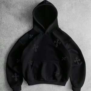 Sweat à capuche noir surdimensionné pour homme avec motif croix brodé en coton French Terry, vêtement décontracté pour l'automne - Product Image 6