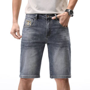 <b>Mens</b> Denim Shorts Medium Blue Vintage Wash Gold Embroidery Straight Leg Casual Summer Apparel Retro Streetwear Bottoms - Product Image 3