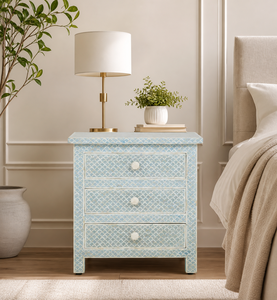 Mesita de Noche de Resina con Incrustaciones de Hueso, 3 Cajones, Patrón de Escamas de Sirena, Gabinete de Almacenamiento para Dormitorio - Product Image 1