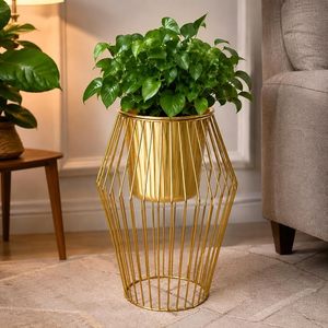 Pot de fleurs en métal doré avec support en cage métallique, pot de fleurs moderne pour salon, balcon, jardin, décoration de la maison - Product Image 2