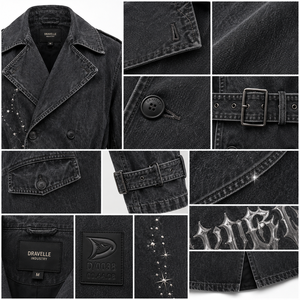Gabardina de mezclilla gótica con estampado cromado para hombre, abrigo largo negro estilo streetwear con cinturón, ropa exterior premium - Product Image 4