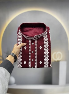 <b>Men's</b> Embroidered Cotton <b>Kurta</b> Set Burgundy Long Sleeve Traditional Indian Pakistani Wedding Diwali Party Festive Wear - Product Image 3