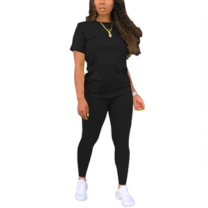 Ensemble t-shirt et leggings imprimés pour femmes, bleu, Stay Humble Hustle Hard, tenue d'été décontractée, col ras du cou, manches courtes, longueur complète - Product Image 2