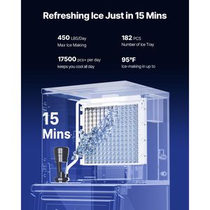 Attrezzatura di Refrigerazione per Cucine Commerciali, Macchina per Produzione Ghiaccio 450LBS/24H, Contenitore di Stoccaggio Grande 250LBS, Funzione di Autopulizia - Product Image 2