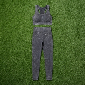 Women Charcoal Gray Acid Wash Yoga Set <b>Racerback</b> Sports <b>Bra</b> High Waist Leggings Gym Fitness Workout Activewear - Product Image 6