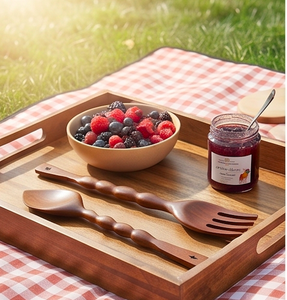 Hand Carved Wooden Spoon & Fork Set Natural Handwood Minimalist Design Flatware For <b>Camping</b> <b>Kitchen</b> Party And Tabletop Use - Product Image 6