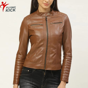 Dark <b>Brown</b> Color Zipper Pocket Fashionable <b>Leather</b> <b>Jacket</b> Women's Wholesale Button Closure Caller <b>Leather</b> <b>Jacket</b> For Women - Product Image 1