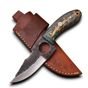 UA Supplies OEM Couteau à lame fixe en acier à haute teneur en carbone, forgé à la main, avec trou pour le pouce, manche exotique en forme de cône de pin, fourreau en cuir, pointe tombante - Product Image 1