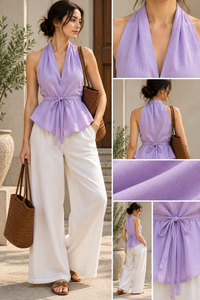 Ensemble haut licou en coton tissé uni violet et jupe longue en lin/coton doux blanc pour l'approvisionnement B2B ultime - Vente en gros - Product Image 5