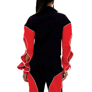 Trendy Women's Contrast Panel Ribbed Windbreaker Tracksuit Custom <b>Zip</b> <b>Up</b> <b>Jacket</b> Flare Sleeve Jogger Fashion Streetwear Hoodies - Product Image 2