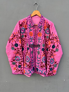 Embroidered Pink Cotton <b>Jacket</b> Kashmiri Suzani Work Boho Shrug Ethnic Winter Cardigan Women Festive Open Front Cape Floral Coat - Product Image 4