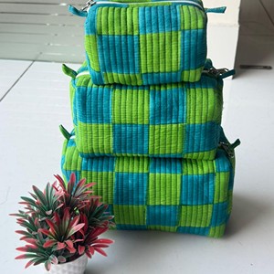 Modern Geometric Corduroy Cosmetic <b>Toiletry</b> <b>Bags</b> Set with Zipper Closure Multi-Function Green Blue Patterned Pouches - Product Image 1