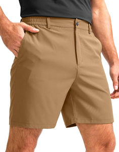 Shorts pour hommes couleur kaki unie avec poches, taille mi-haute, style décontracté, séchage rapide, tissu tissé, fermeture boutonnée - Product Image 1