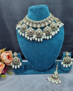 Elegante gargantilla con motivo Chandbali, pendientes y mangtika para mujer, conjunto de joyería tradicional étnica para recepciones, fabricante. - Product Image 2