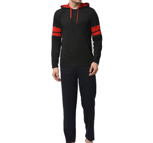 ชุดเสื้อฮู้ดและกางเกงวอร์มลายทางตัดกันสำหรับผู้ชาย – ชุดลำลองสไตล์สปอร์ต เสื้อฮู้ดและกางเกงจ็อกเกอร์ ชุดสตรีทแวร์แนวสปอร์ต - Product Image 1