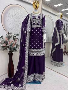 Ensemble Salwar Kameez en soie Fandy lourde, orné de pierres gaufrées violettes, pour femmes indiennes et pakistanaises, tenue de fête traditionnelle, robe de mariage - Product Image 2