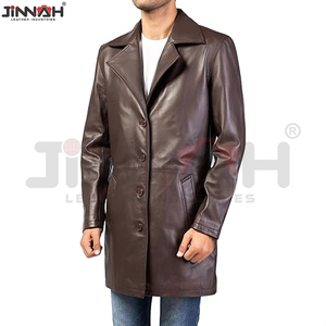 New Long Jet <b>Black</b> Leather Coats Fully Customized With Front Style Double-breasted Buttons Belt Collar Style Shirt Center - Product Image 6