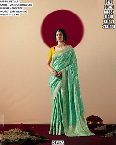 Devika Green Viscous Dola Silk Saree With Brocade <b>Blouse</b> Zari Work Wedding Wear Regular Fit Floor-Length Women's <b>Sari</b> - Product Image 2