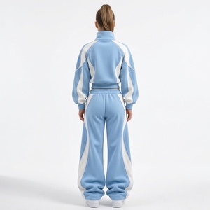 <b>Womens</b> Sky Blue <b>White</b> Tracksuit Set Cropped Zip Up Jacket Wide Leg Sweatpants Color Block Two Piece Streetwear Outfit - Product Image 2