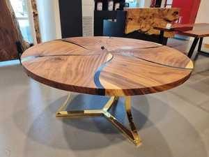 Contemporary Round Wood Resin Dining <b>Table</b> Handmade Solid Hardwood Furniture with Artistic River Design - Product Image 2