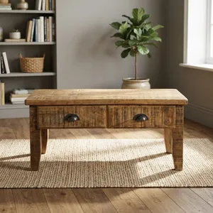 Table console rustique en bois massif avec deux tiroirs, meuble de rangement pour le salon, décoration intérieure - Product Image 1