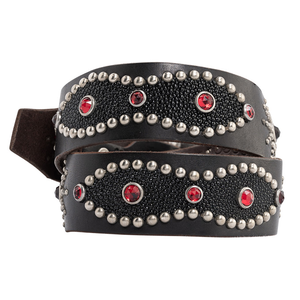 Black Genuine Leather Reversible <b>Belt</b> with Alloy Rectangular Buckle <b>Red</b> Rhinestones Casual Durable Cow Hide - Product Image 2