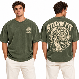 Camiseta Extra Grande para Hombre, Color Verde Oliva, Manga Corta, Cuello Redondo, Lavado Ácido, Impresión Serigráfica, Estilo Urbano, Transpirable y Ecológica - Product Image 1