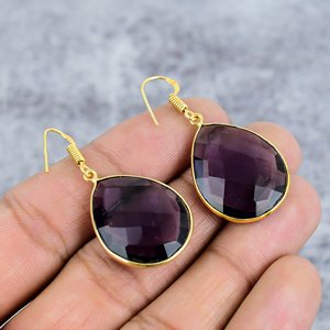 Neel Gem Stone Purple Amethyst 925 <b>Sterling</b> <b>Silver</b> Gold Plated Handmade Pear-Shaped Bezel Hook Earrings for Women - Product Image 4
