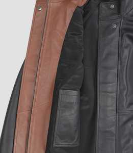 Veste en cuir noir pour femme, col haut, en peau de mouton, avec détails marron, entièrement doublée - Product Image 4