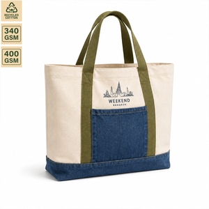 Custom Recycled Canvas <b>Tote</b> Bag with Denim Pocket 46x38x16cm Heavy Duty Wholesale OEM ODM Promotional Shopping Bag Manufacturer - Product Image 1