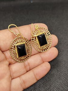 Handcrafted Gold Plated Brass Black Onyx Peacock Drop Earrings | Trendy Women's Wedding - Product Image 6