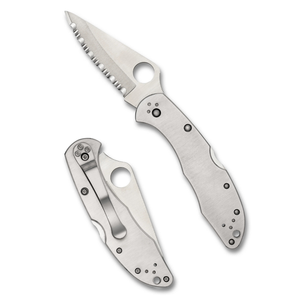 Couteaux de poche pliants à manche métallique argenté avec lame à bord dentelé, trou d'ouverture rond pour le pouce, finition brossée et poche durable - Product Image 6