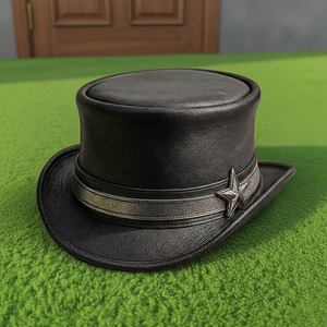 Chapeau en cuir noir fait main, style steampunk, avec concho étoile argentée, idéal pour festival gothique western ou cosplay – Vente flash - Product Image 1