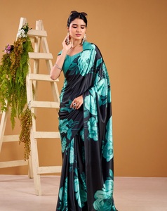 Indian Traditional Ethnic Satin Silk <b>Saree</b> in Floral Print for Casual Wear and Festive Function for Women Fancy Trendy Outfit - Product Image 1