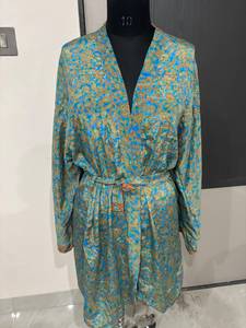 Blue Color Floral Print Kimono V Neck Long Sleeves Belted Wrap Knee Length Bohemian <b>Cardigan</b> Summer Women's Comfortable Wear - Product Image 1