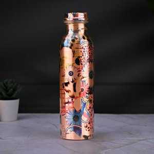 Bouteille d'eau en cuivre pur avec impression mandala en verre teinté, gourde métallique ayurvédique sans joint, étanche, vente en gros, Inde - Product Image 4