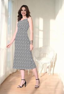 Vestido Midi con Tirantes Finos y Estampado Geométrico, Ajustado, Casual, de Verano, Tejido en Poliéster - Product Image 3