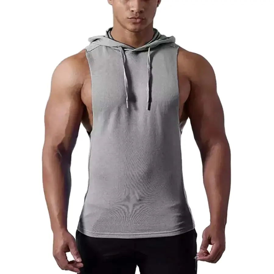 Camiseta esportiva com capuz, atacado de 100% algodão sem mangas