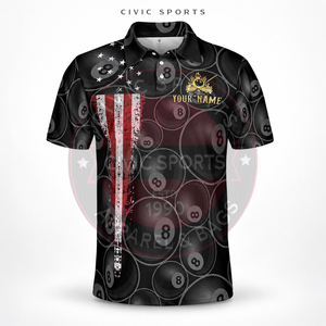 Polo de Manga Corta para Hombre CIVIC SPORTS, Diseño de Billar Impreso Digitalmente, Estilo Deportivo Transpirable, Negro con Patrón de Bola 8 - Product Image 3