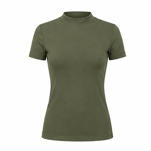 Customize <b>Olive</b> <b>Green</b> Womens Fitted Stretch Fit Mock Neck Short Sleeve <b>T</b> <b>Shirt</b> Breathable Cotton Modal Jersey WMNTS-0012 - Product Image 1