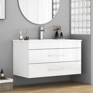Mobile Bagno Sospeso Bianco Lucido da 36 Pollici con Doppio Cassetto, Sistema Soft-Close, Lavabo in Ceramica e Maniglia Lunga in Metallo - Facile Installazione - Product Image 2