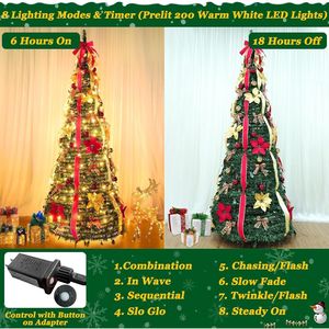 6 Ft Pre-Decorated Pop up Christmas Tree 200 Warm White LED <b>Lights</b> 8 Modes Timer for UL Plug-in 1 Minute <b>Pull</b> Collar - Product Image 3