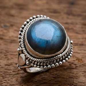 Labradorite <b>Ring</b> 925 Sterling <b>Silver</b> Blue Flash Labradorite Statement <b>Ring</b> - Bold Round <b>Solitaire</b> <b>Silver</b> <b>Ring</b> - Product Image 1