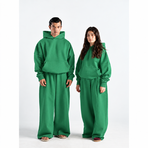 Ensemble de survêtement unisexe vert à capuche, coupe ample, couleur unie, 100 % coton, pour l'automne, prix bas personnalisés, OEM - Product Image 1
