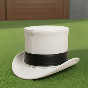 Chapeau haut de forme en cuir blanc fait main sur mesure de haute qualité avec bande noire, style victorien, mariage, steampunk, cosplay - Product Image 5