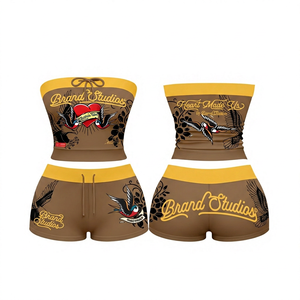 Ensemble short 2 pièces rouge pour femme, motif lettres, haut sans bretelles, short au-dessus du genou, décontracté, coton et polyester, pour printemps et été - Product Image 3
