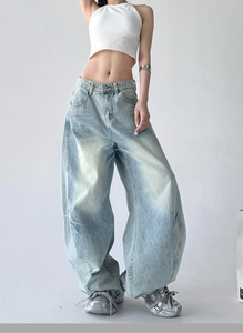High Waisted <b>Wide</b> <b>Leg</b> Denim Pants Sand Washed Loose Fit Streetwear Style Light Blue Cotton <b>Jean</b> Pants Spring Season - Product Image 5